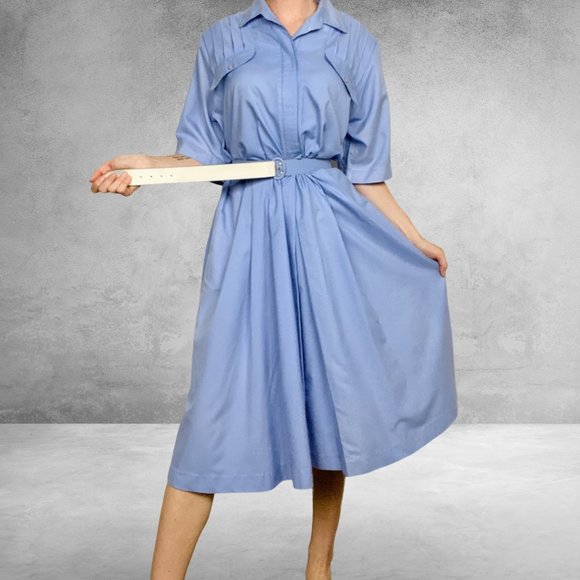 Vintage Dresses & Skirts - VINTAGE | 1970 Willi Of California Cornflower Blue Belted Plus Size Retro Dress